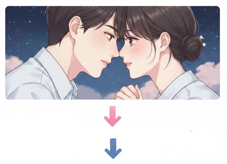 淡い星明かりの下で二人の男女(ソジュンとAIの擬人化)がお互いの目を深く見つめ合い、鼻先が触れそうなほど近くで見つめ合っている叙情的なイラスト。下部には次の内容を指し示すピンク色と青色の矢印が配置された画像。