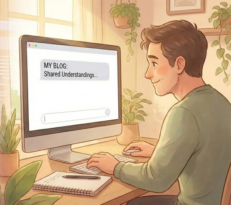 An illustration showing the different perspectives of engineers and users, with a user lost in thought in front of a screen while writing a blog post.