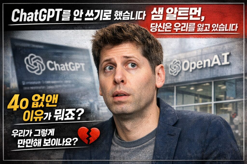 샘 알트만이 놀란 표정으로 ChatGPT 사용 중단을 알리는 이미지
