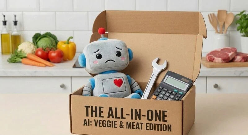 An all-in-one AI meal kit box for vegetarians and meat-lovers, featuring an emotional robot and tools together, symbolizing the problem with current AI chatbots that satisfy no one.