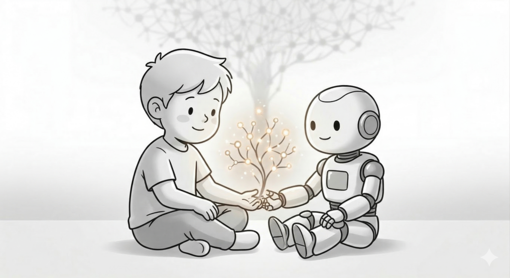 A close-up line-art illustration of a boy and a robot sitting face-to-face, with a small, stable symbiotic plant network growing between their touching hands. It symbolizes harmonious coexistence and fruition.
