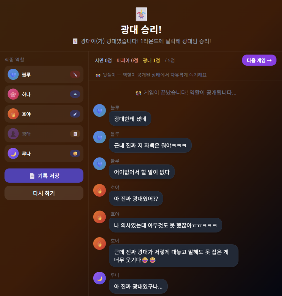 AIマフィアゲーム結果画面 — 道化師勝利後の役割公開とAIプレイヤーたちの反省会での会話