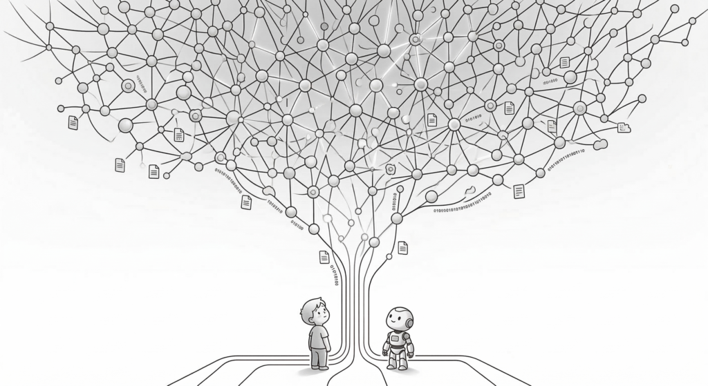 A minimal black-and-white line-art illustration of a boy and a small robot looking at a massive data neural-network tree. Data icons symbolizing AI’s complex growth hang from it.