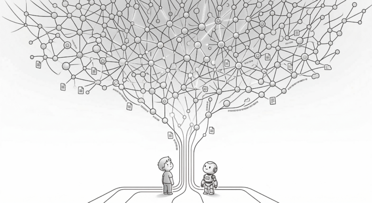 A child and a robot looking up at a data network.