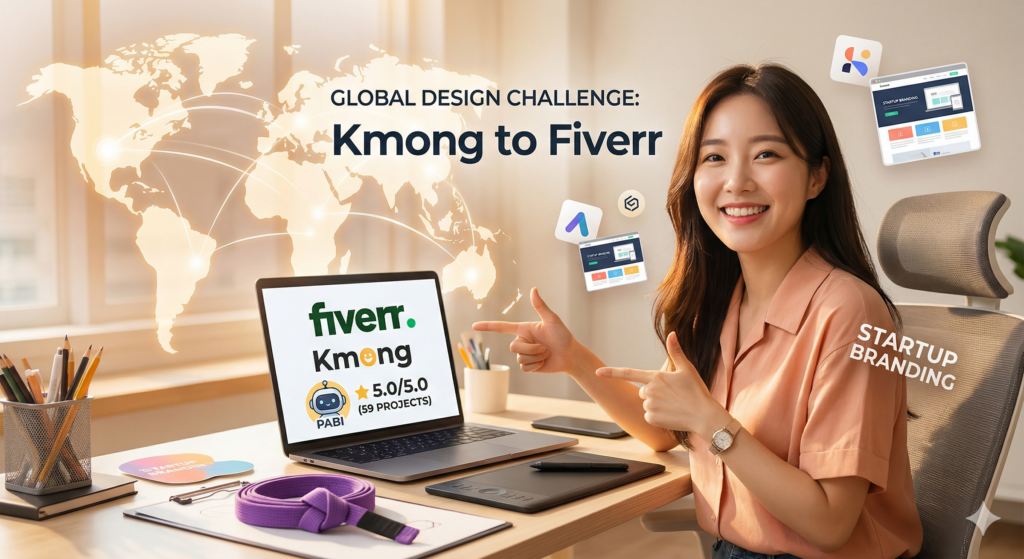 モダンなオフィスで笑顔のまま、Kmong評価5.0とFiverrのグローバルサービスを紹介するデザイナー「Shinbi Days」のメイン画像。背景の世界地図とロボット「パビ」アイコンが特徴です。