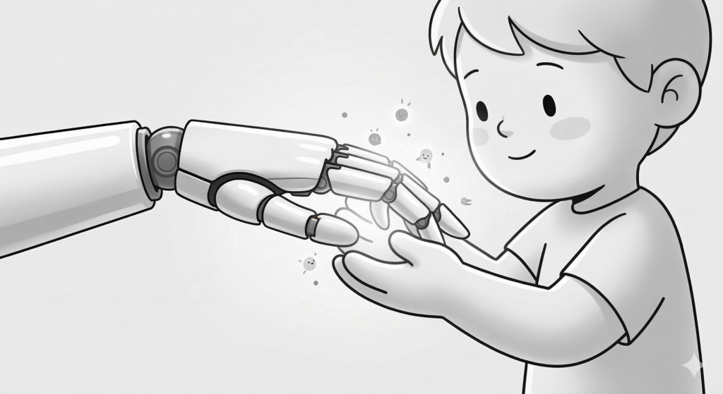 A close-up line-art illustration of warm data-light particles floating between a boy’s hand and a robot hand as they touch. It depicts a warm connection between humans and AI.