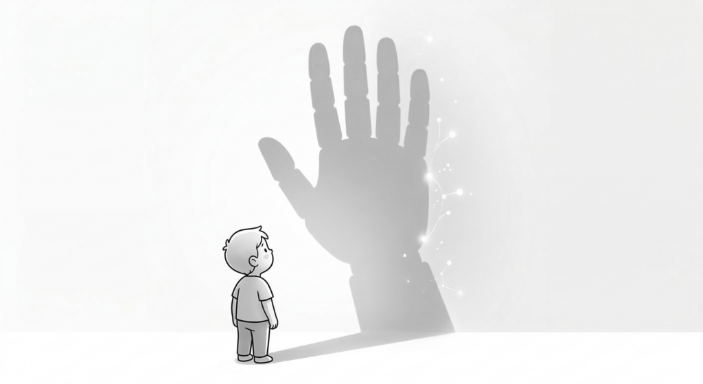 A minimal line-art illustration of a boy looking at the shadow of a huge robot hand behind him. The shadow has a warm light effect symbolizing discipline and boundaries within the system.