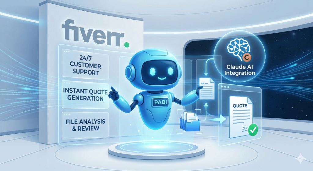 青いホログラムのインターフェースを背景に、24時間の顧客対応・見積算出・ファイル分析を処理するAIロボット「パビ」のデジタルイラスト。Claude AI統合の表示。