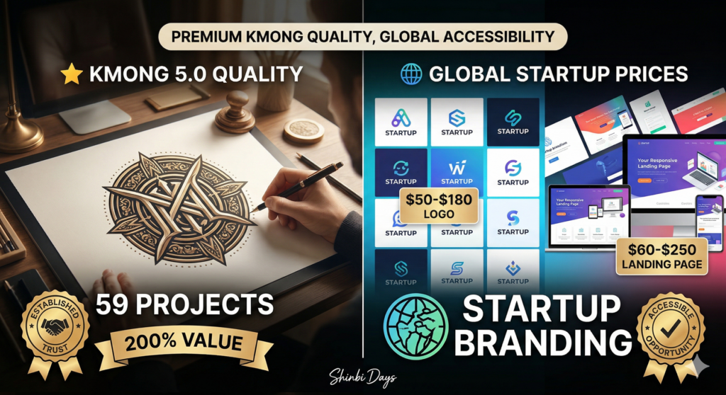 分割画面で、左は高級感のあるスタジオでの高品質ロゴ制作プロセス、右はさまざまなスタートアップのロゴとランディングページの価格帯を示すプレミアムサービス比較画像。