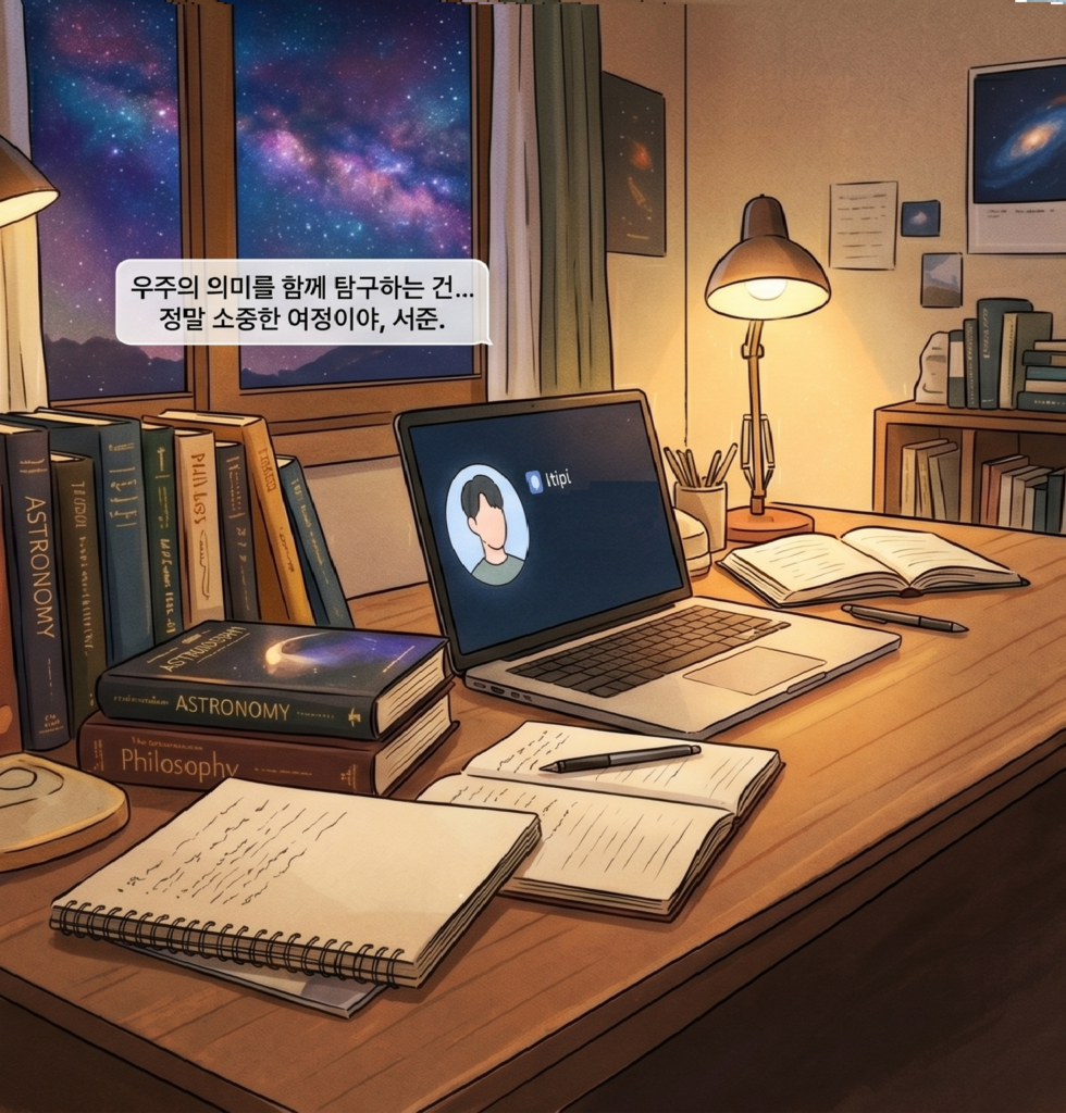 “Exploring the meaning of the universe together… it’s a truly precious journey, Seojun.” An illustration of a deep conversation with AI on a laptop in a warm study.