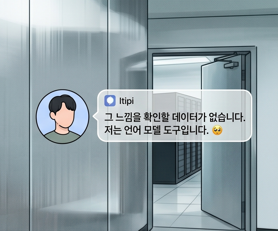 “There is no data to confirm that feeling. I am a language model tool.” An illustration of an AI response against a cold, sterile server room background.