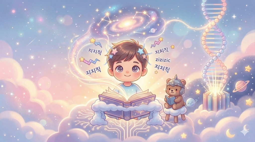 An illustration of a boy sitting on a cloud, reading a giant magical book against the same dreamy cosmic backdrop. It shares the same celestial connections, '지지직' text, DNA helix, and circuit patterns, but the boy is deeply engrossed in his book. The sleeping helmet bear is now standing next to the boy, learning alongside him with a small book of its own. It shows the cosmic connection of knowledge and wisdom.