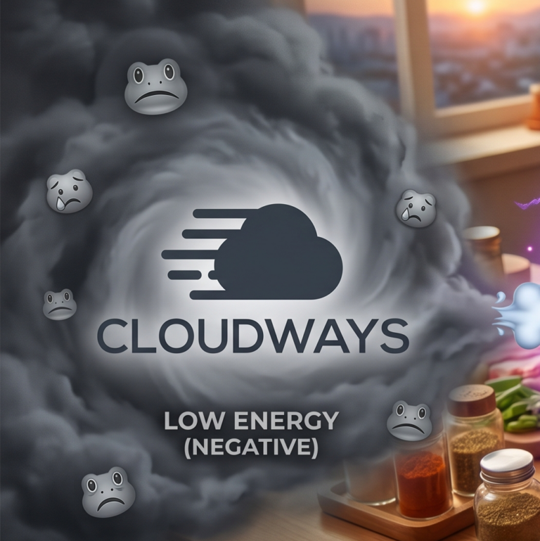 A graphic image visualizing Cloudways’ negative quantum energy. Inside dark, swirling storm clouds are the “CLOUDWAYS” logo and the text “LOW ENERGY (NEGATIVE),” surrounded by seven sad frog emojis. In the kitchen background, you can see spice jars and a sunset.  