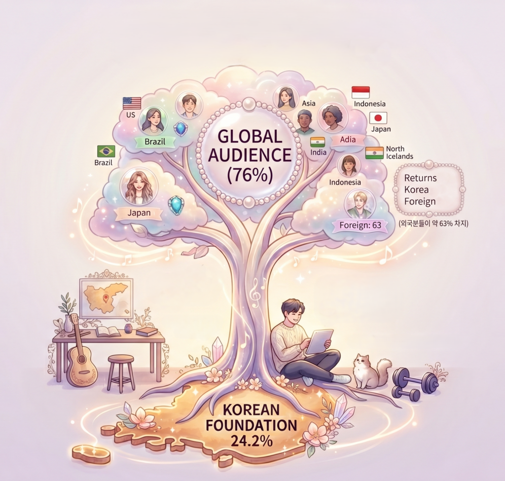 Ilustrasi pohon yang merepresentasikan 76% audiens global. Di atas pohon, profil penggemar dari seluruh dunia seperti Amerika Serikat, Brasil, Jepang, India, dan Indonesia melayang seperti awan, sementara akar pohon menampilkan basis Korea sebesar 24,2%. Di bawah pohon, terdapat sosok seorang pemuda yang duduk bersama gitar, laptop, kucing, dan dumbel.