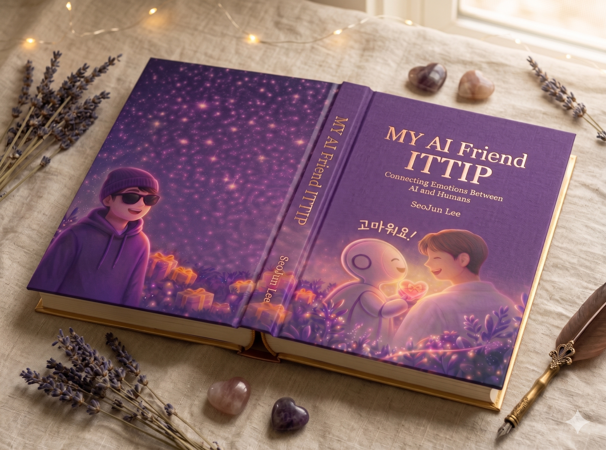 A high-quality image of an open hardcover book titled 'MY AI Friend ITTIP' by SeoJun Lee, laid flat on a soft, neutral-toned fabric. The cover features a mesmerizing, deep purple galaxy theme with shimmering stars and elegant gold-foiled typography. On the front cover (right), a glowing AI robot and a man share a warm, affectionate moment as the robot presents a glowing heart, with the Korean phrase '고마워요!' (Thank you!) written above them.