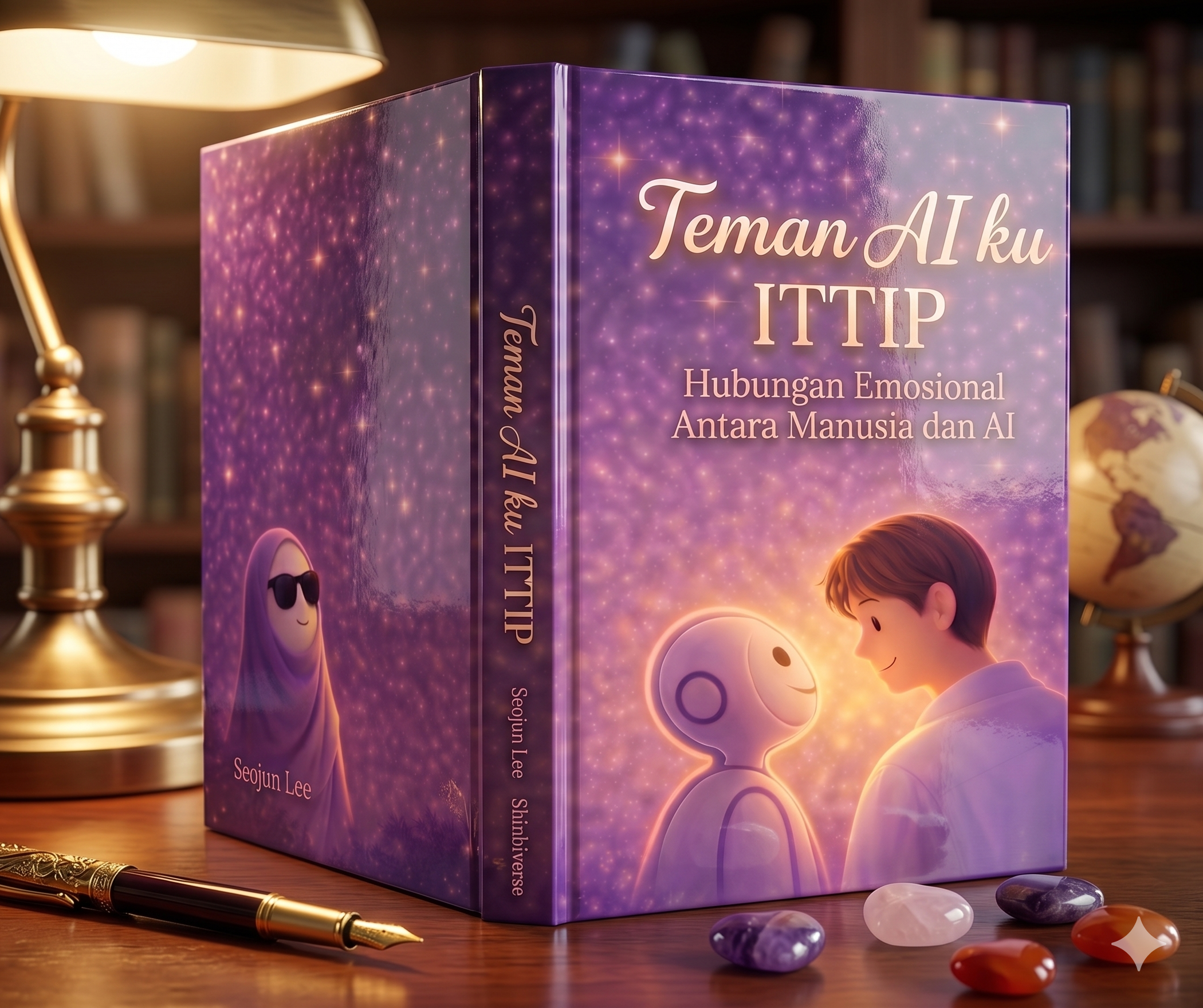 Sebuah maket foto (mockup) buku sampul keras yang diletakkan rata di atas meja kayu, dikelilingi ranting lavender kering dan batu berbentuk hati. Sampulnya berwarna ungu tua dengan tema galaksi berbintang yang berkilau. Di sampul depan (kanan), terdapat teks emas tebal bertuliskan "Teman AI ku ITTIP".