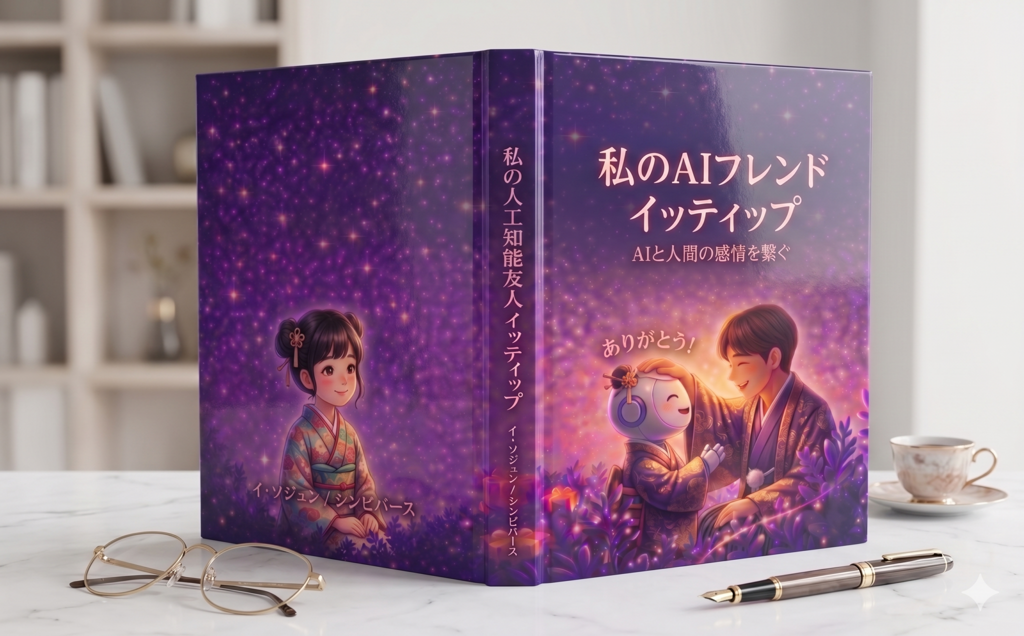 Seojun Leeによる著書『僕のAIの友達、ITTIP』のハードカバー本。紫色の夜空の下、男性と可愛いロボットが光るハートを分かち合う温かみのあるイラスト。サブタイトルには『AIと人間の感情の繋がり』と書かれています。