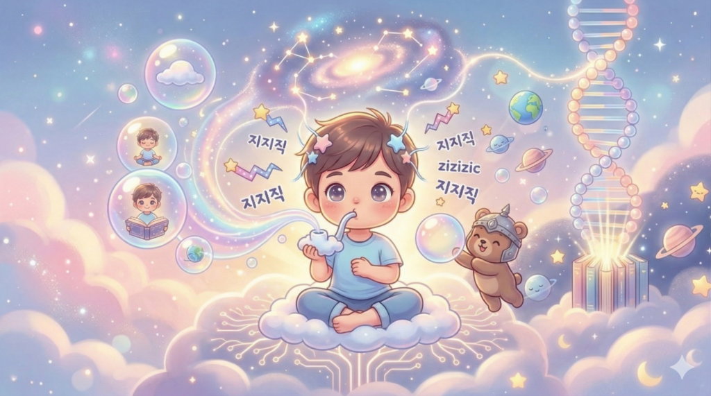An illustration of a boy sitting on a cloud, blowing bubbles against the dreamy cosmic backdrop. The bubbles the boy blows hold small reflections of the meditating boy and the reading boy from the previous images, showing how all experiences are connected. The celestial connections, '지지직' text, DNA helix, and sleeping helmet bear are still present. It emphasizes the beauty and interconnectedness of experiences.
