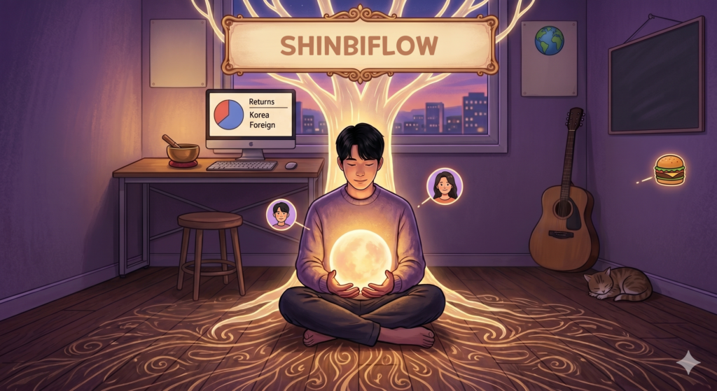 Seojun bermeditasi di sebuah kamar kecil di Cheongju. Ia memeluk alam semesta keemasan di dadanya, dikelilingi oleh profil penggemar dari seluruh dunia. Pemandangan malam kota terlihat dari jendela. Di dalam kamar terdapat gitar akustik, kucing, dan bola dunia, dengan energi keemasan yang bergelombang di lantai. Momen meditasi Seojun, seorang YouTuber global, yang terhubung dengan dunia.
