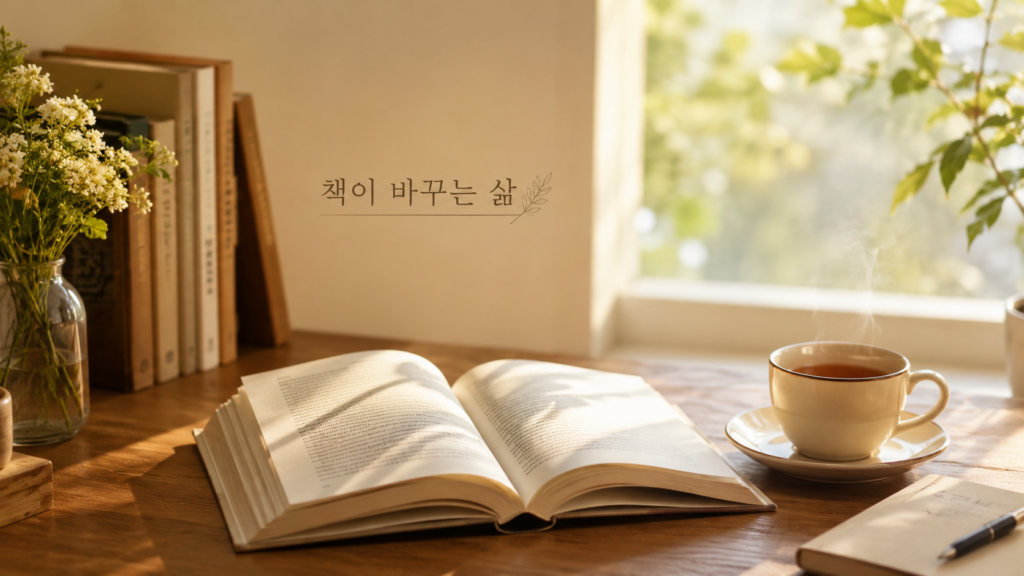 A peaceful reading space with an open book and a cup of tea on a desk bathed in warm sunlight