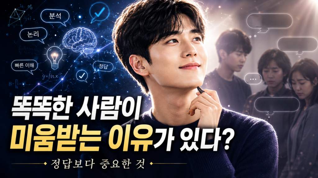 자신감 넘치는 똑똑한 사람과 그 말에 멍하거나 시무룩해진 사람들을 통해, 정답보다 중요한 공감의 의미를 표현한 이미지