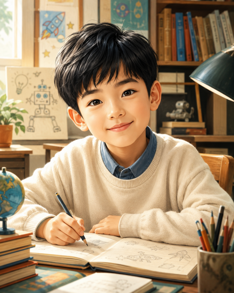 어린 시절의 서준을 떠올리게 하는 일러스트. 따뜻한 공부방에서 미소를 지으며 공책에 그림과 아이디어를 적는 총명한 소년의 모습.