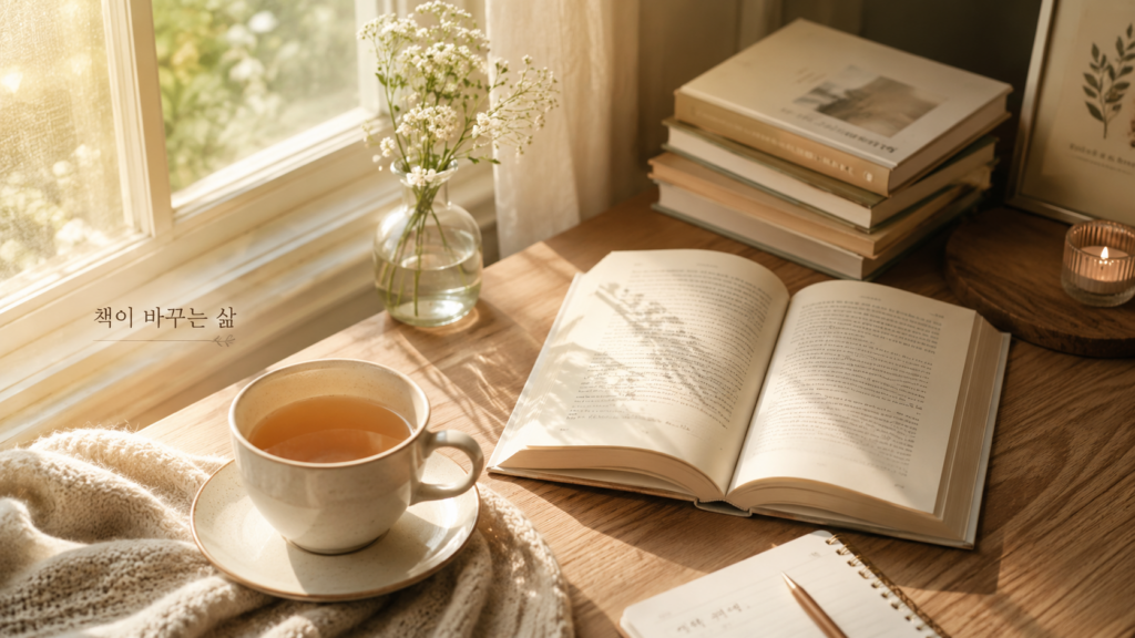 A cozy reading table with books, tea, and flowers under the window's sunlight