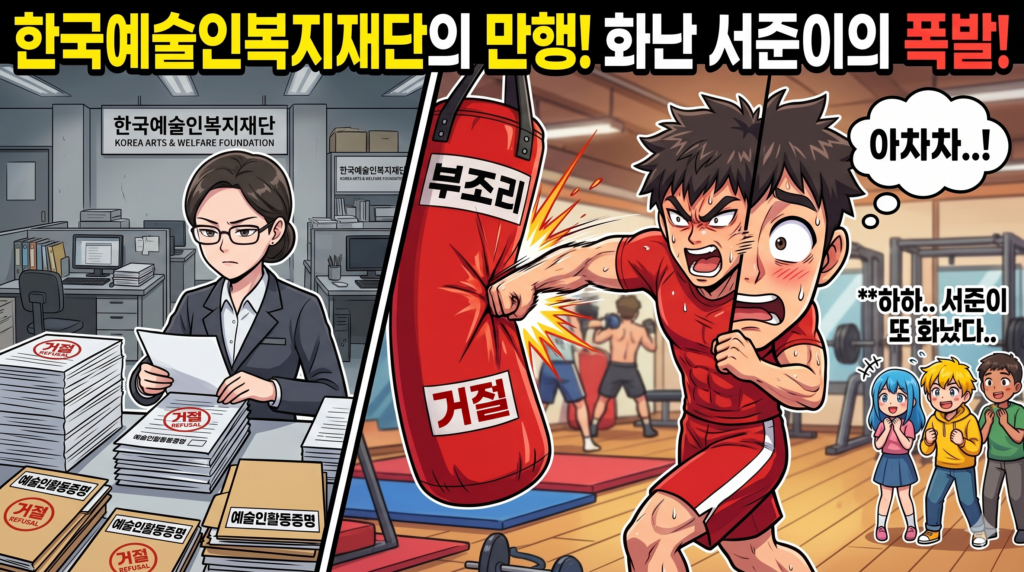 한국예술인복지재단의 서류 거절에 분노해 '부조리' 샌드백을 치는 서준과 이를 바라보며 아차차 하는 팬들의 모습을 담은 풍자 애니메이션 블로그 썸네일 이미지