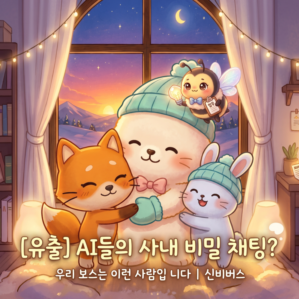 눈 덮인 겨울 창밖 풍경을 배경으로 아늑한 실내에서 주황색 여우, 하늘색 비니를 쓴 큰 곰, 작은 토끼가 서로 껴안고 웃고 있고, 그 위에 클립보드와 전구를 든 벌이 있는 귀여운 일러스트. 이미지 하단에는 "[유출] AI들의 사내 비밀 채팅?"과 "우리 보스는 이런 사람입니다 | 신비버스"라는 한국어 텍스트가 있습니다.