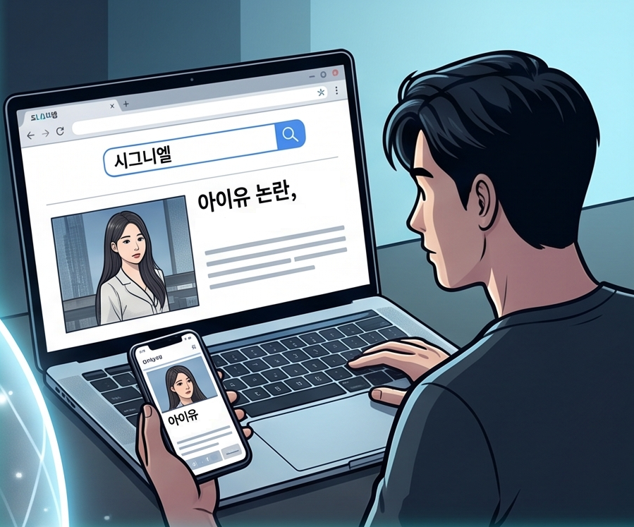 A comic-style illustration depicting a scene where a man wastes his dopamine energy by getting hooked on a scandalous celebrity 'IU controversy' gossip article while searching for 'Signiel' on his laptop and smartphone.