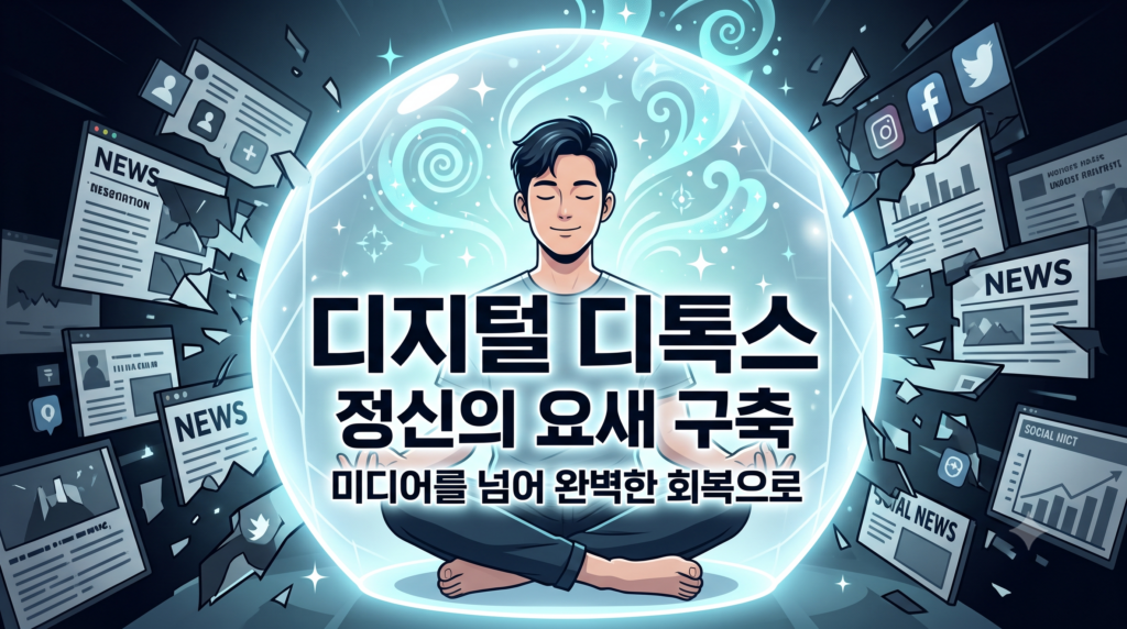 A comic-style illustration depicting a man meditating peacefully inside a powerful blue energy shield engraved with the phrases 'Building a Mental Fortress' and 'Digital Detox,' deflecting chaotic media stimuli.