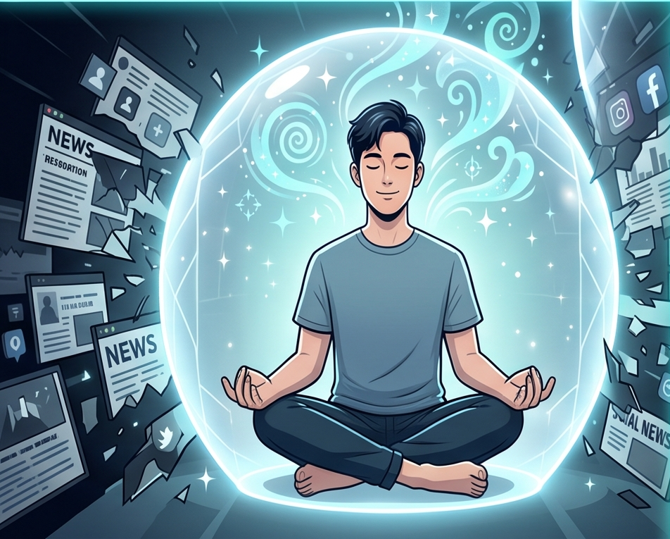 A comic-style illustration depicting a man meditating deeply inside a blue energy shield to completely block fragments of gossip and media stimuli, ensuring wholesome recovery and full-power recharging.