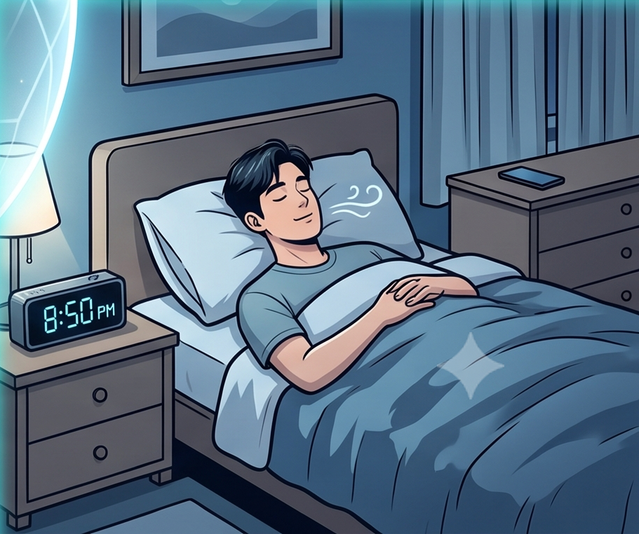 A comic-style illustration depicting a man sleeping peacefully next to a digital alarm clock pointing to 8:50 PM, for energy recovery through quality sleep.