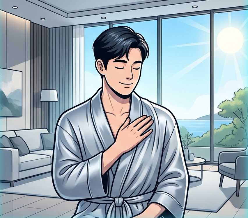 A comic-style illustration depicting a man in a sophisticated satin robe, imagining future prosperous energy in the living room of a luxury apartment like Signiel, with scenic ocean and mountain views.