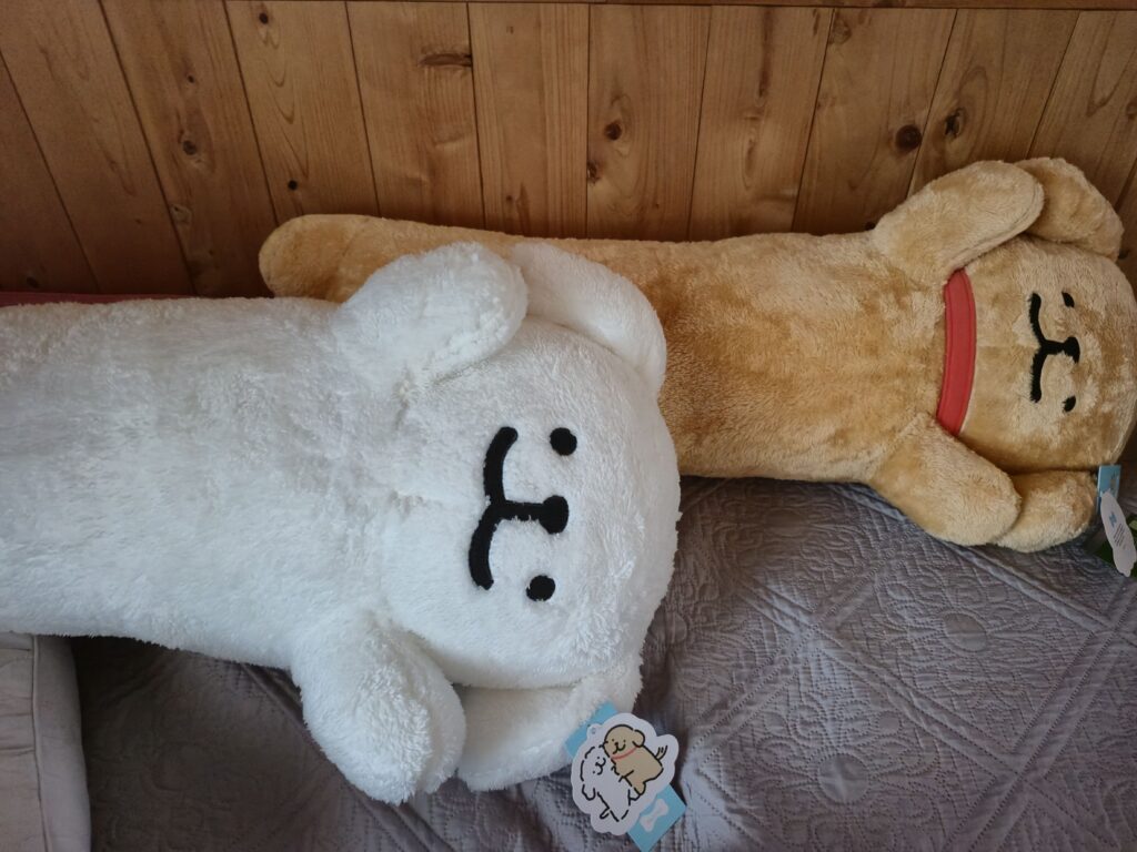 Foto review jujur dari sepasang boneka bantal guling Maltese dan Retriever ukuran ekstra besar 80cm yang berbaring berdampingan di tempat tidur