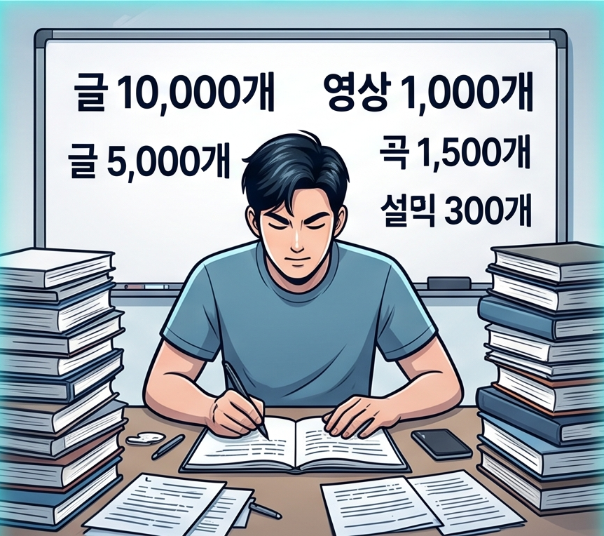 A comic-style illustration depicting a man immersed in creation, surrounded by countless books to pour out overwhelming energy, with a whiteboard behind him detailing massive goals for articles, videos, and books.