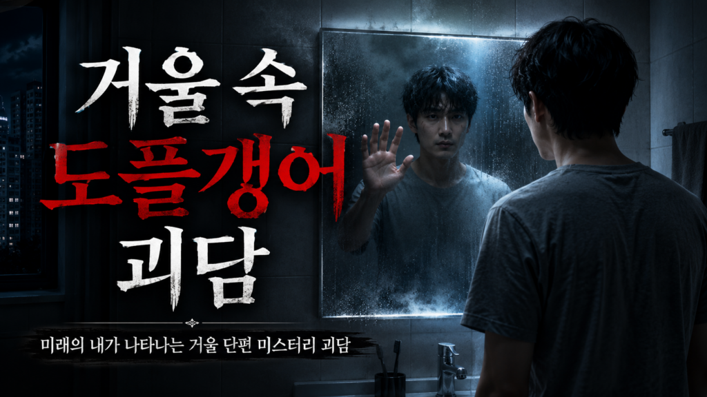 뿌연 욕실 거울 속 도플갱어와 마주 선 남자, ‘거울 속 도플갱어 괴담’ 문구가 담긴 썸네일