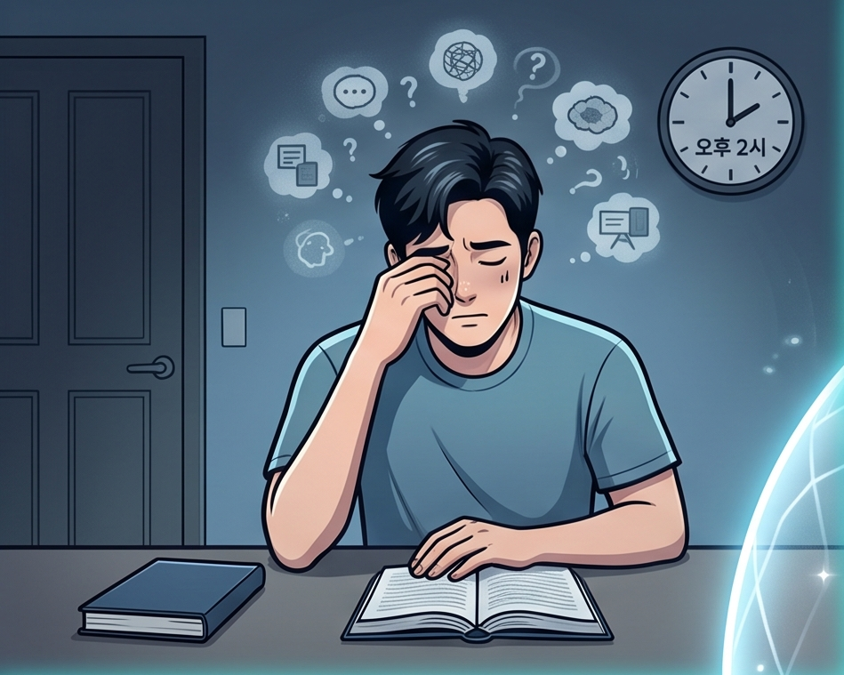 A comic-style illustration depicting a man suffering from fatigue and distraction at 2 PM, exposed to subtle article stimuli despite being on a media detox, accompanied by chaotic thought icons above his head.