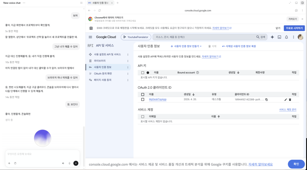 Google Cloud에서 YouTube Data API 사용자 인증 정보와 API 키를 설정하는 화면