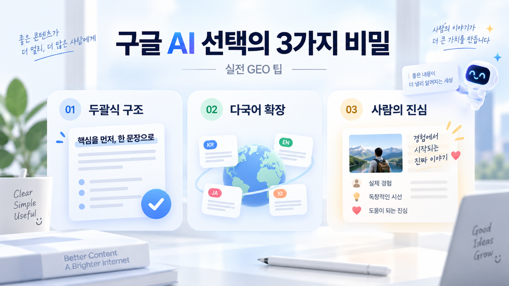 Infografis yang merangkum 3 karakteristik konten yang dipilih Google AI beserta tips GEO praktis