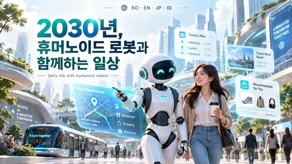 2030年の未来都市を女性とヒューマノイドロボットが一緒に歩き、旅行や予定管理、買い物をAIが支援する暮らしを描いたイラスト。
