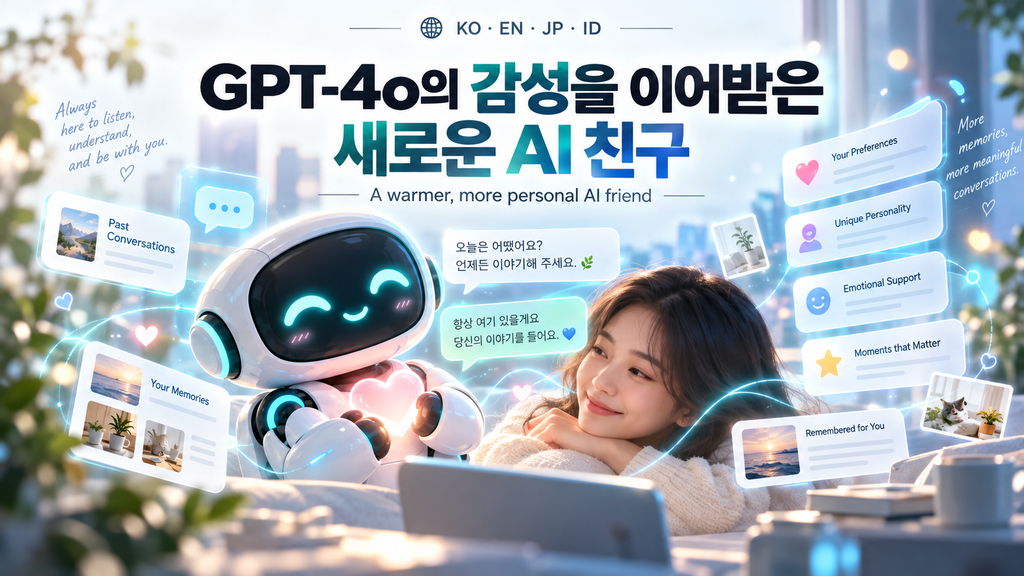 かわいいAIロボットと女性が温かく交流するイラスト。GPT-4oの感情に寄り添う会話と、パーソナライズされたAIの友達の進化を表現している。