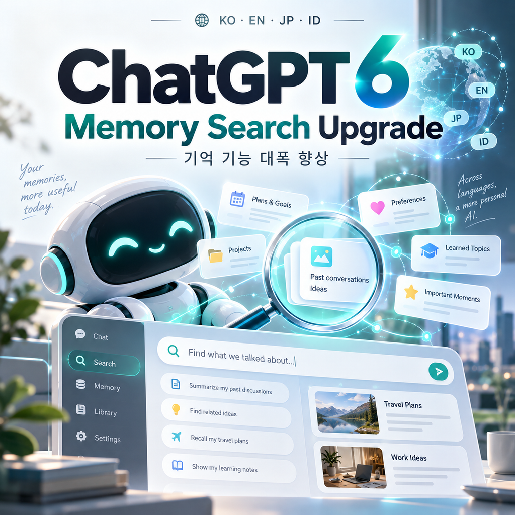 ChatGPT 6の記憶検索機能の進化を表現したサムネイル。かわいいAIロボットが未来的な画面で過去の会話やユーザーの好み、プロジェクト情報を探している。
