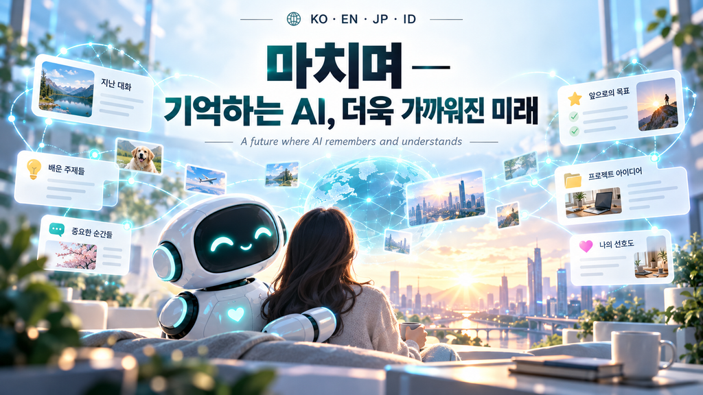 未来都市の夕焼けを眺める女性とAIロボットの友達のイラスト。ChatGPTの記憶機能とAIが寄り添う未来を表現している。